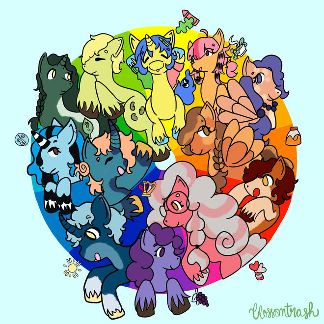 @/blossomtrash - MASS ATTACK - (blue, black & white pony is mine :D)
